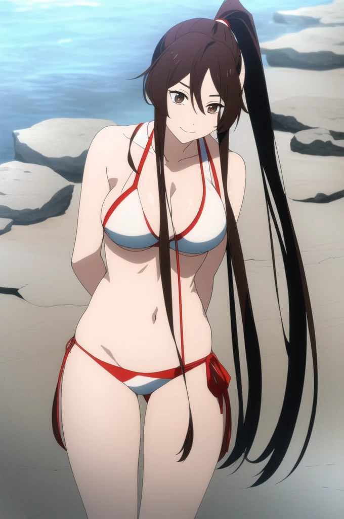 (masterpiece), (best quality), asaemon_sagiri, 1girl, solo, long_hair, black_hair, hair_between_eyes, brown_eyes, ponytail, sidelocks, high_ponytail, breasts, looking_at_viewer, smile, large_breasts, cleavage, bare_shoulders, collarbone, standing, hands behind head, black underwear, from_below, breasts, large breasts, big breasts, huge breasts, big tits, giant breasts, small bikini, bikini, white bikini, bare shoulders, bare arms, beach, ocean, underboob, island background