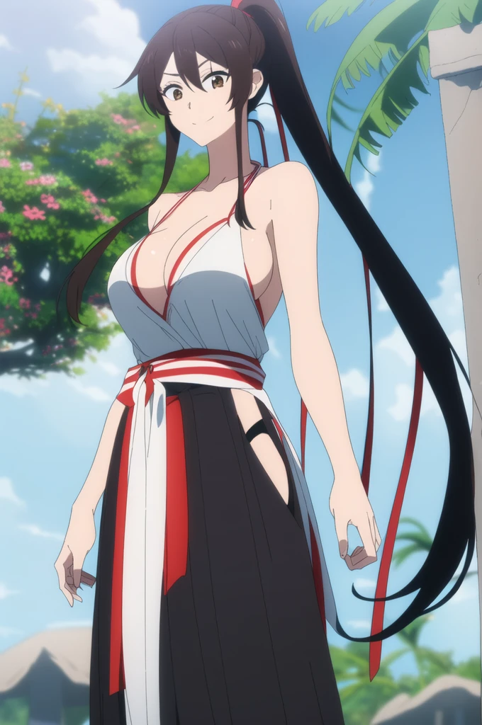 (masterpiece), (best quality), asaemon_sagiri, 1girl, solo, long_hair, black_hair, hair_between_eyes, brown_eyes, ponytail, sidelocks, high_ponytail, breasts, looking_at_viewer, smile, large_breasts, cleavage, bare_shoulders, collarbone, standing, hands behind head, black underwear, from_below, breasts, large breasts, big breasts, huge breasts, big tits, giant breasts, small bikini, bikini, white bikini, bare shoulders, bare arms, beach, ocean, underboob, island background
