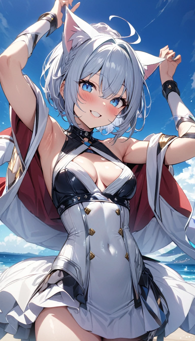 1girl、(((best quality)), ((masterpiece)), (details), masterpiece, best quality, high quality, ulutra detailed, perfect face, ((1girl, Blue eyes, cat ears: 1.3 silver bob hair: 2.5,)) 、Shiny Hair、Glowing Skin、blush、Lustful look、whole body、 hot limit, underboob, smile,Oceanの上に星型のステージ、Take to the stage、Ocean、blue sky、Sunny、