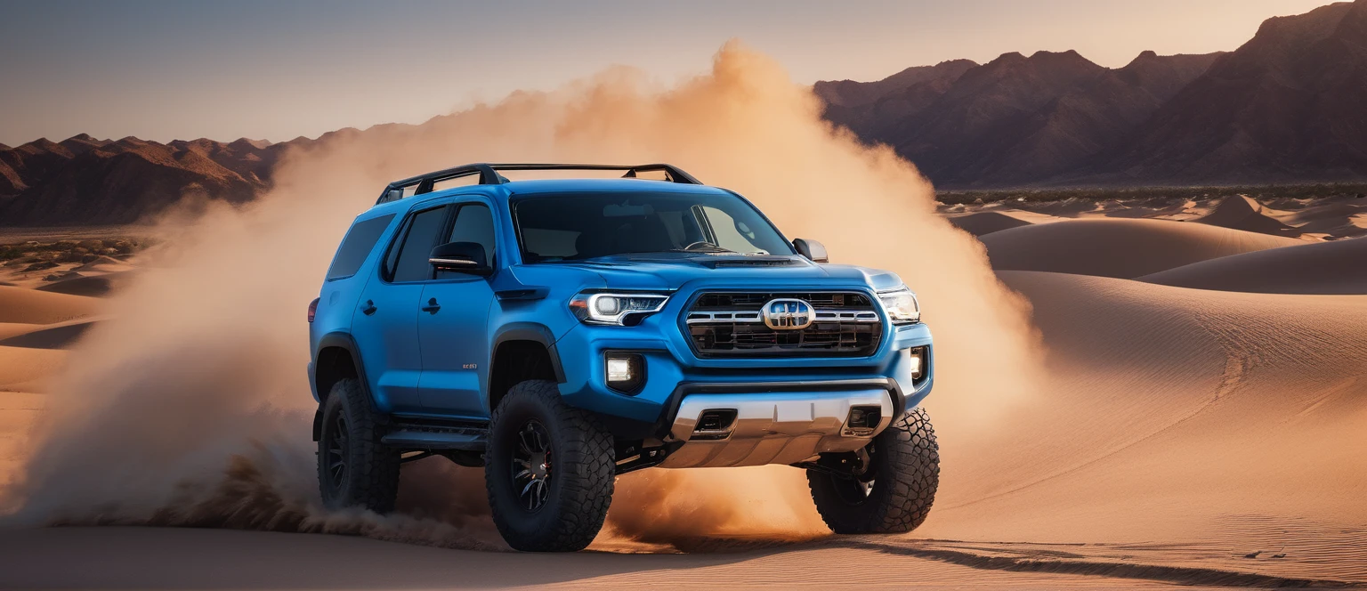 Off-road vehicle photos,A blue SUV is on the right side of the photo.,Car side,amazing,Drive on the highway,Showing speed and passion,Blue photo,detail强化,blur background/Bokeh,Bright with natural light,Ray Tracing,Sunset sky,desert,desert,sand,Highly detailed environments,Low depth of field,HD,detail,8k,lens flare,Sunlight,