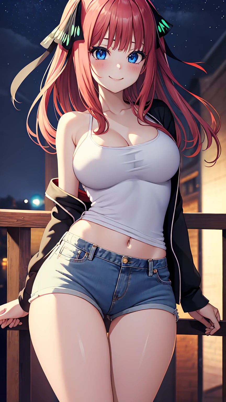 [nakano nino, pink hair, butterfly hair ornament, black cardigan], 1girl, anime girl, anime, girl, 2d girl, 16y, (fullbody), blue eyes, smile, blush, cleavage, Solo, Slim, Big breasts, large Breasts, sfw, cowboy shot, Tight Shorts, low waist shorts, upshorts, outdoors, night background, looking at viewer, darker shadows, (((shorts))), (((thigh gap))), (((lowleg shorts))),