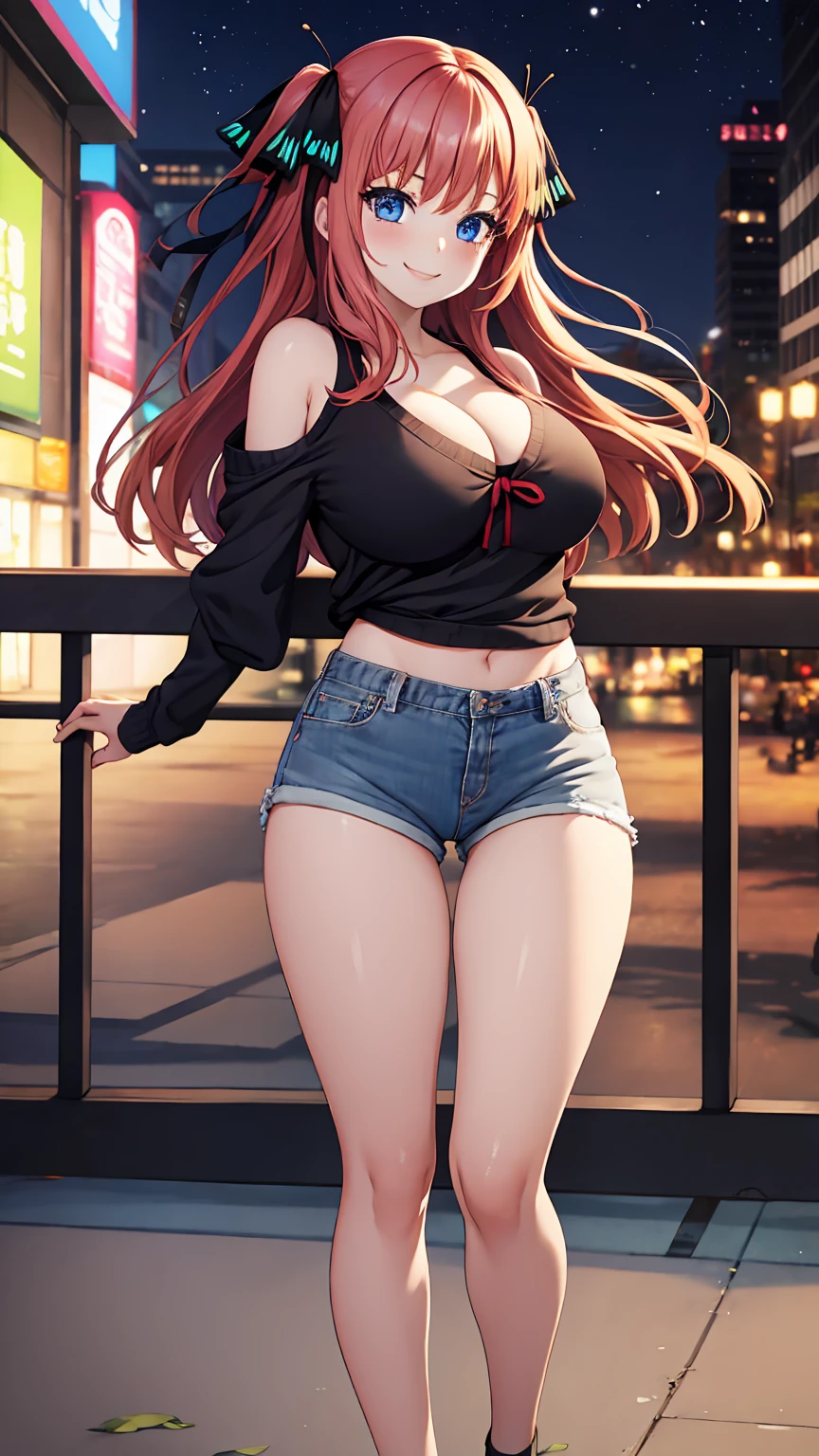 [nakano nino, pink hair, butterfly hair ornament, black cardigan], 1girl, anime girl, anime, girl, 2d girl, 16y, (fullbody), blue eyes, smile, blush, cleavage, Solo, Slim, Big breasts, large Breasts, sfw, cowboy shot, Tight Shorts, low waist shorts, upshorts, outdoors, night background, looking at viewer, darker shadows, (((shorts))), (((thigh gap))), (((lowleg shorts))),