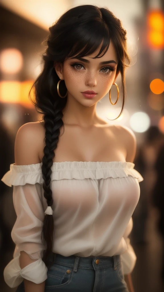 masterpiece,best quality, realistic illustration, style of Philip Lorca diCorcia,
cinematic film still portrait of a girl aged 18yo, 1girl, solo, black long hair, large braid, olive eyes, toned body, large bust size, big nipples, light freckles, dark skin, dark makeup, wearing an off the shoulder blouse, wet, hoop earrings, perfect lips, posing for the camera, pretty face, cute face, vignette, highly detailed features, highly detailed body, high budget, bokeh, cinemascope, moody, epic, gorgeous, whole body photo, film grain, grainy