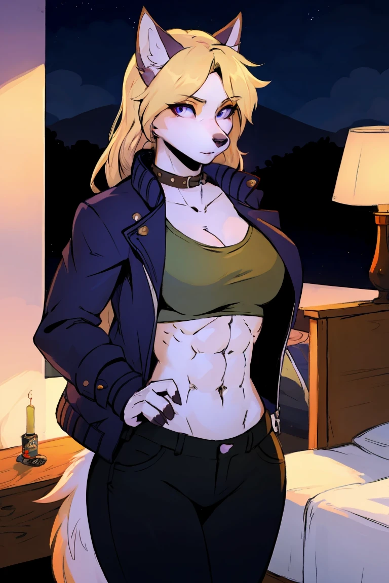 (Solitary), Female anthropomorphic wolf, Solitary, masterpiece, Best Art, Detailed hands, Delicate eyes, night, Anime latest art style, Medium Blonde, Creamy body lotion, Deep purple eyes, permanent, sports, Big body, permanent, bedroom, Bad Guy, Pants, jacket, Steampunk, diaphragm, Abdominal muscles, Ninja Costume,