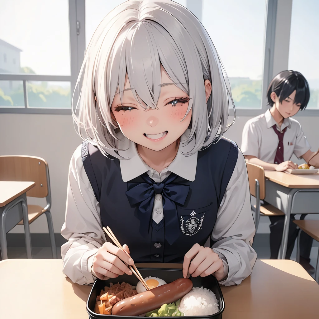 masterpiece, High resolution, 最high quality, High detail, high quality, Very detailed, Anatomically correct, 17 years old, Anime Style, Bob Hair, Silver Hair, Shiny Hair, bang between eyes, Sparkling eyes, Silver Eyes, Eyes closed, Mouth open, Deformed cheek blush, happiness/joy, Blur, high school ,Lunch break, In a well-lit classroom, Desk and chair, Sitting in a chair, There is a small lunch box on the desk., The lunch box contains rice, three small sausages, and one rolled egg., There is a small water bottle on the desk., Holding chopsticks in your right hand, Holding a single sausage between chopsticks, Trying to eat a wiener held between chopsticks
