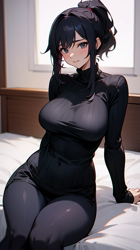 A woman in her thirties, tight black sweater, large breasts, curves, sitting on bed