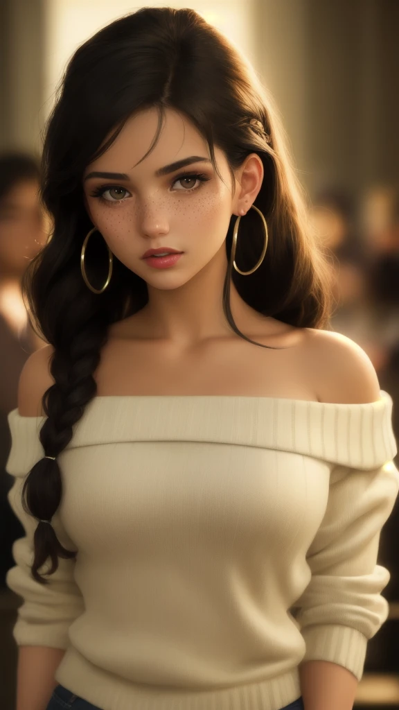 masterpiece,best quality, realistic illustration, style of Philip Lorca diCorcia,
cinematic film still portrait of a girl aged 18yo, 1girl, solo, black long hair, large braid, olive eyes, toned body, large bust size, light freckles, dark skin, dark makeup, wearing an off the shoulder sweater, hoop earrings, perfect lips, posing for the camera, pretty face, vignette, highly detailed features, highly detailed body, high budget, bokeh, cinemascope, moody, epic, gorgeous, whole body photo, film grain, grainy