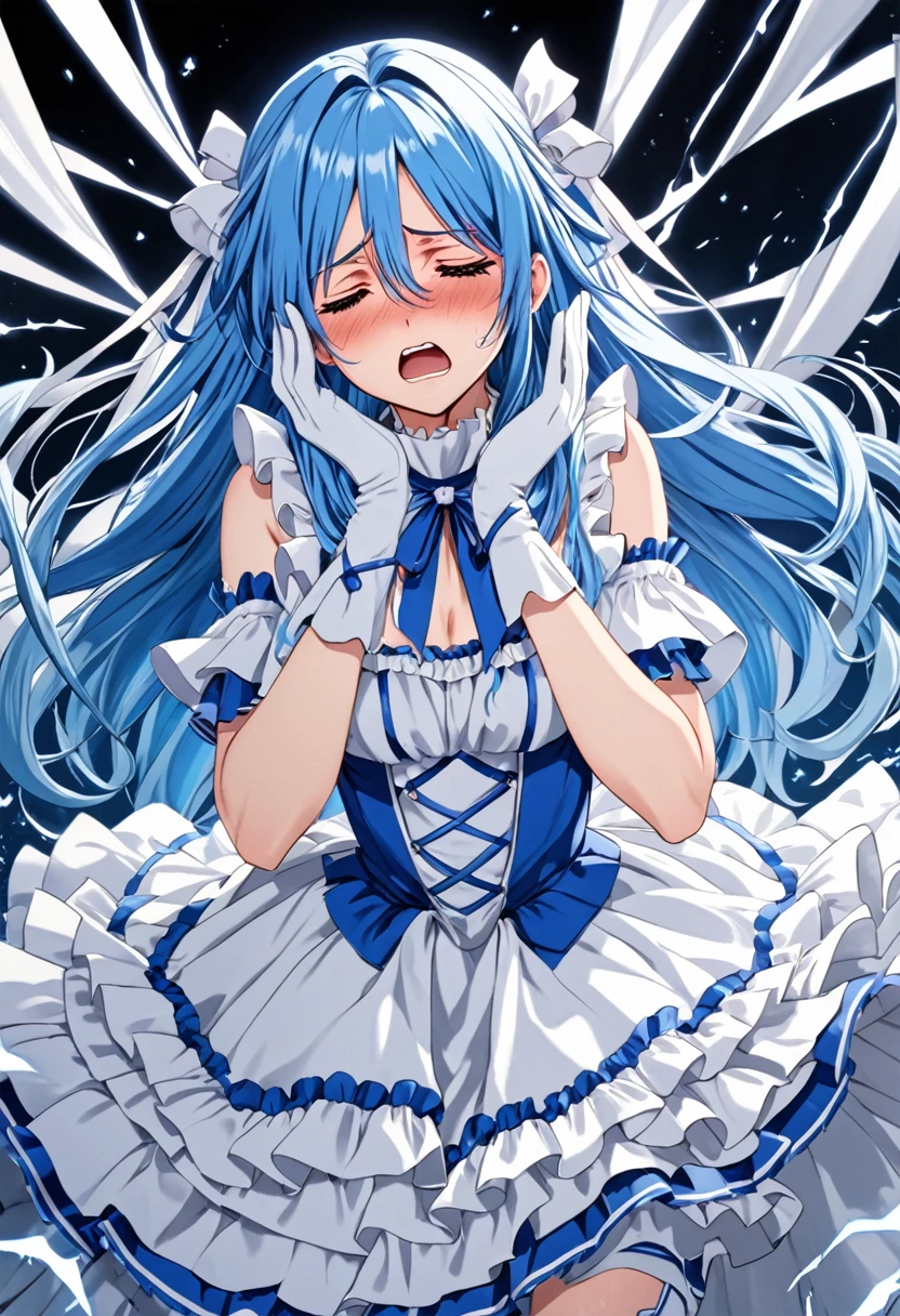 cure white, choker, Detailed hairstyle and outfit, Long, flowing blue hair, White and blue ruffled dress, White gloves and boots, Hold your ears with both hands, Blushing, In pain, suffer from the enemy's sonic attacks,Close ~ eyes,Dynamic and powerful scenes, Background with sound waves,masterpiece, Highest quality,, Highly detailed background, Perfect lighting, (beautiful, Highest quality:1.1), masterpiece, Perfect Eyes, (beautiful), (erotic:1.2)