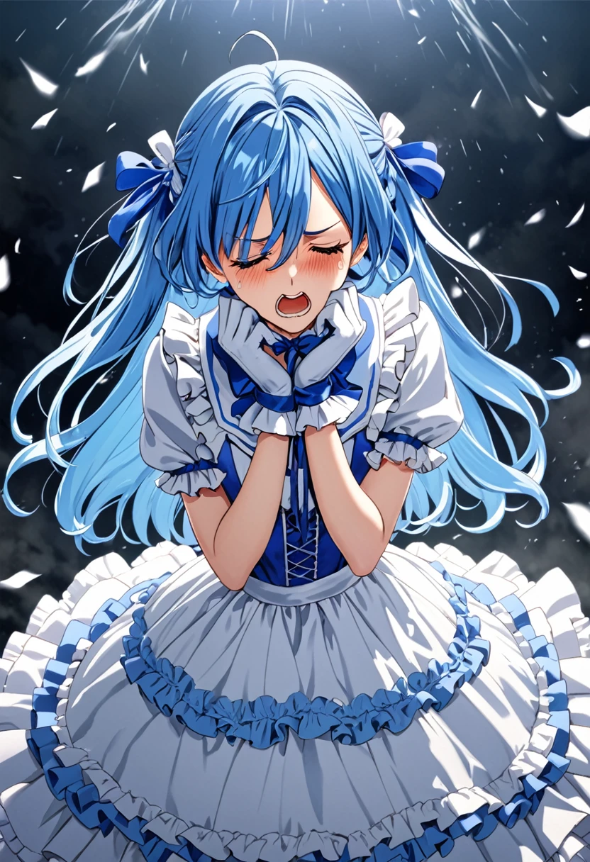 cure white, choker, Detailed hairstyle and outfit, Long, flowing blue hair, White and blue ruffled dress, White gloves and boots, Hold your ears with both hands, Blushing, In pain, suffer from the enemy&#39;s sonic attacks,Close ~ eyes,Dynamic and powerful scenes, Background with sound waves,masterpiece, Highest quality,, Highly detailed background, Perfect lighting, (beautiful, Highest quality:1.1), masterpiece, Perfect Eyes, (beautiful), (erotic:1.2) 