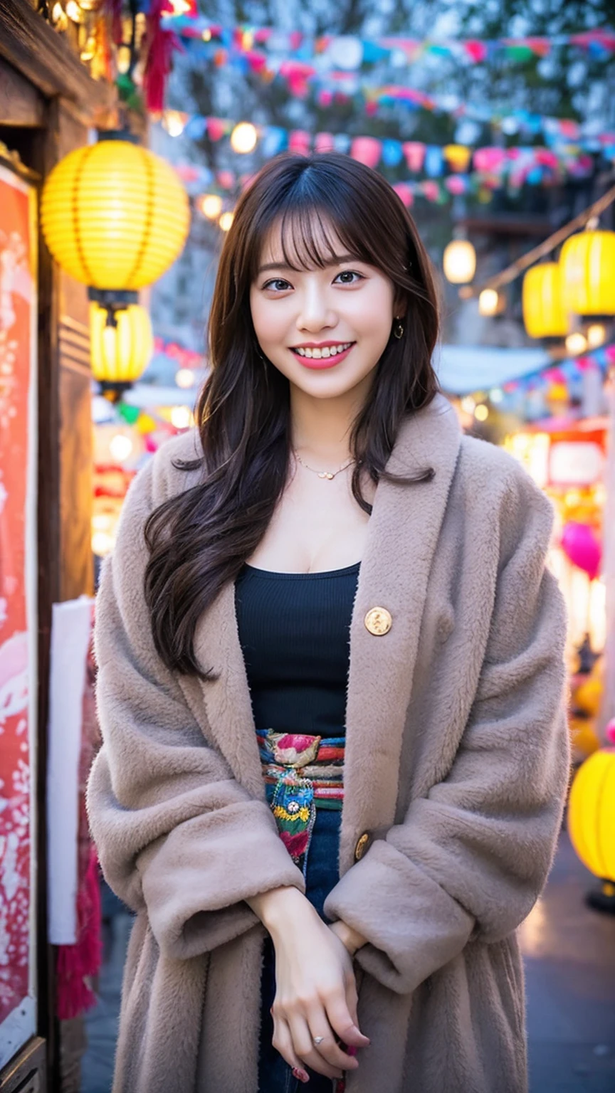 “A beautiful woman with a large chest wearing a traditional festival happi coat, smiling and enjoying the festival atmosphere. She has long, flowing hair and is standing against a backdrop of colorful festival decorations and lanterns. The scene is lively and vibrant, capturing the essence of a traditional Japanese festival.”
