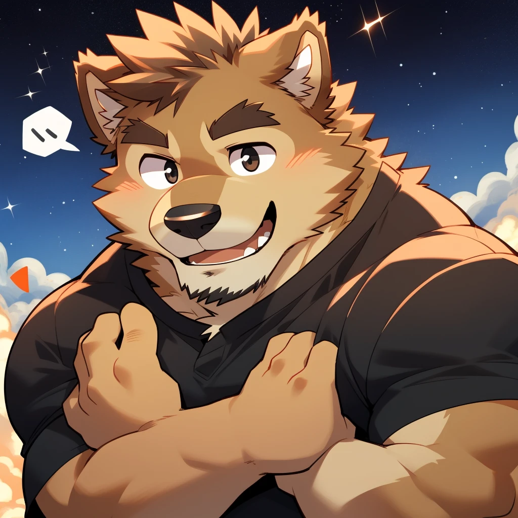 Scribble 德国牧羊dog face,Humanity(dog),(Black short sleeve:1.3),Muscular,(Brown eyebrows:1.1),（Close one eye:1.2）,(Perfect black eyes),Starry Sky,Black fur，giggle，（artist:Takemoto Arashi）