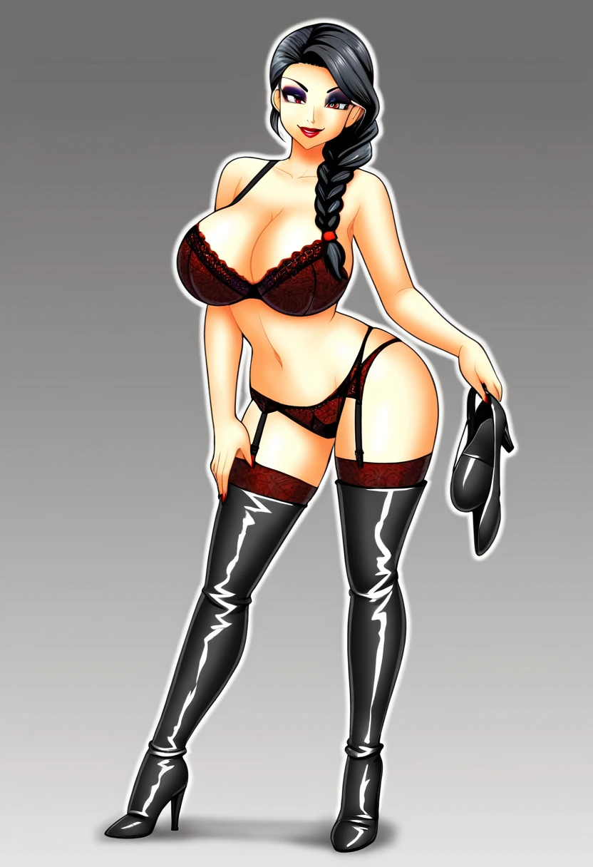 full body view, voluptuous beauty, black hair tied in braided ponytail, thigh high boots with stiletto heels, lingerie panties and bra, red lipstick, dark eyeshadow, seductive pose, wicked sultry smile, coy head tilt
