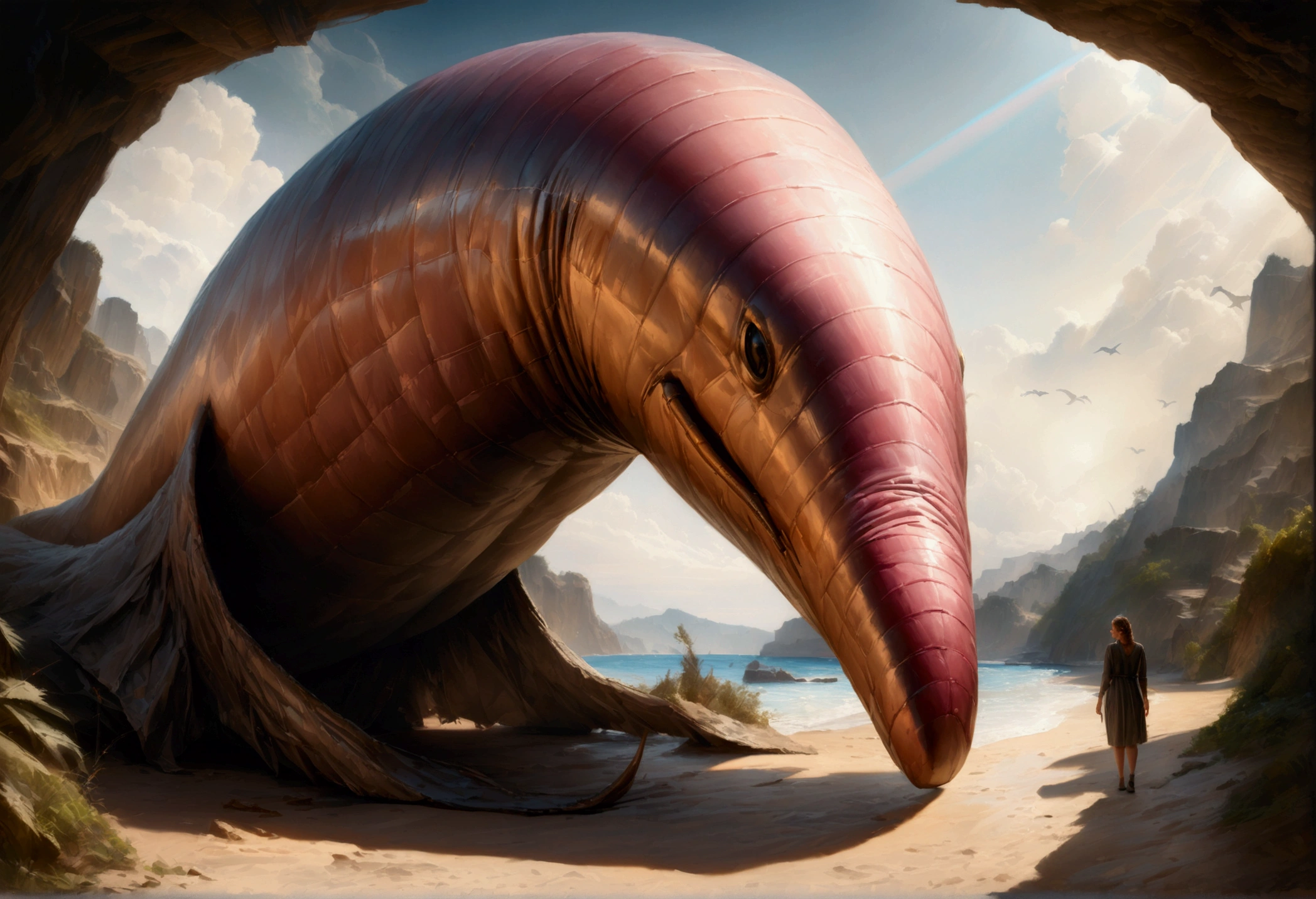 A sky whale, enormous wings, a woman lying on the beach watching its majestic flight, dreamy skies, (best quality,8k,highres,masterpiece:1.2),ultra-detailed,(realistic,photorealistic,photo-realistic:1.37),HDR,UHD,studio lighting,ultra-fine painting,sharp focus,physically-based rendering,extreme detail description,professional,vivid colors,bokeh,fantasy,surreal,cinematic,dramatic lighting,glowing,volumetric lighting,atmospheric,moody,cinematic composition,dramatic perspective