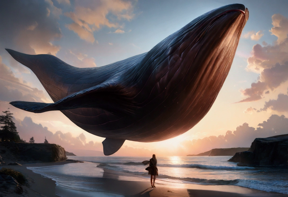 A sky whale, enormous wings, a woman lying on the beach watching its majestic flight, dreamy skies, (best quality,8k,highres,masterpiece:1.2),ultra-detailed,(realistic,photorealistic,photo-realistic:1.37),HDR,UHD,studio lighting,ultra-fine painting,sharp focus,physically-based rendering,extreme detail description,professional,vivid colors,bokeh,fantasy,surreal,cinematic,dramatic lighting,glowing,volumetric lighting,atmospheric,moody,cinematic composition,dramatic perspective