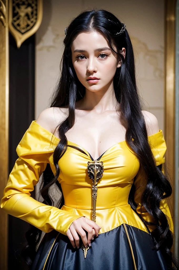 Beautiful noblewoman. Beautiful. House Baratheon. Yellow Dress and black. Long black hair curly and blue eyes. White skin. Dress sexy. Europan face. House Baratheon of Game of Thrones. Blue eyes. Look camara