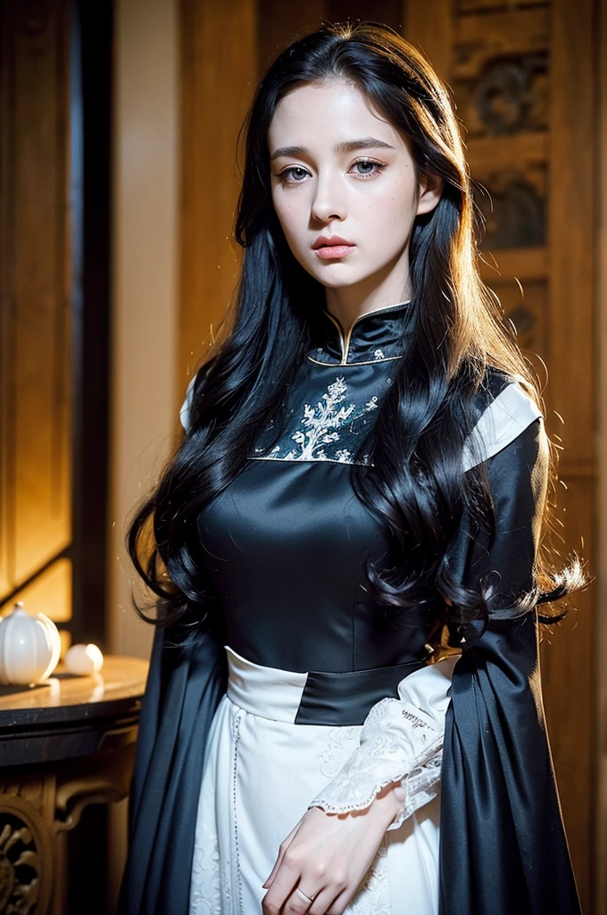 Beautiful noblewoman. Beautiful. House Baratheon. Yellow Dress and black. Long black hair curly and blue eyes. White skin. Dress sexy. Europan face. House Baratheon of Game of Thrones. Blue eyes. Look camara
