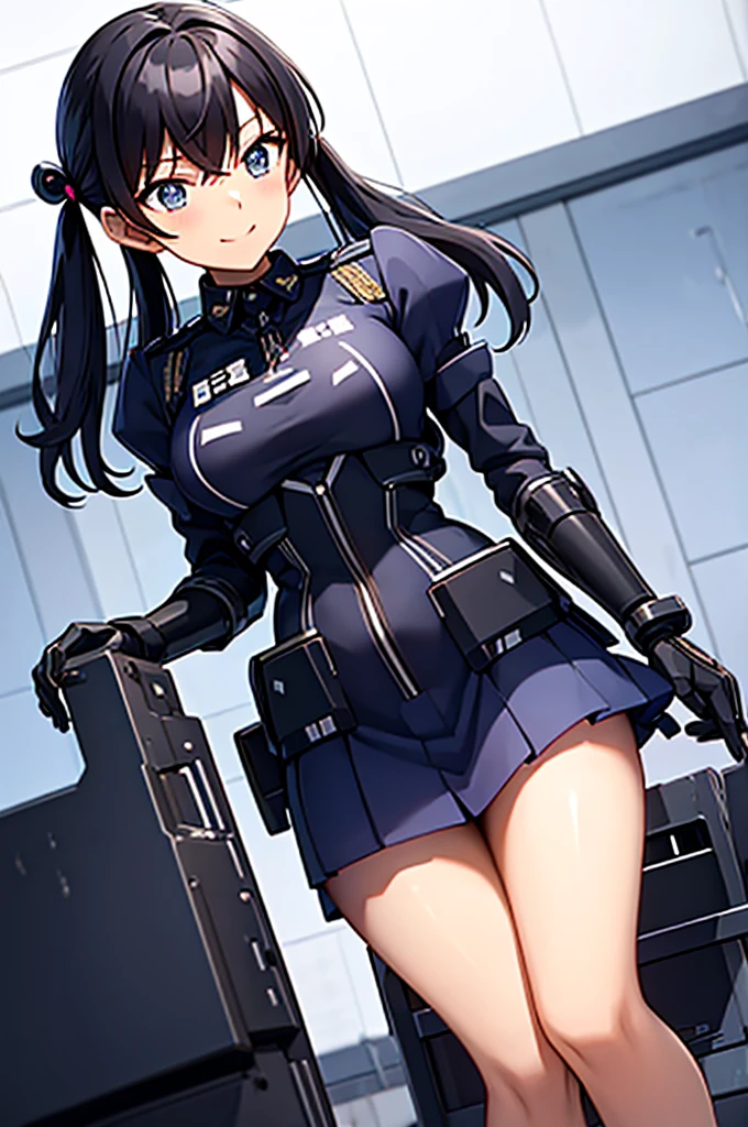 Mecha Wings、黒いskirt、Accentuated thighs、chest、Beautiful black hair、1 girl、solo girl、IS、Frame Arms Girl、Alice Gere Aegis、armor、Pink Line、income、headphone、hand on own chest、smile、Miike Naeko,One girl,alone,police,police uniform,uniform,policewoman,skirt,tie,Twin tails,Black Hair