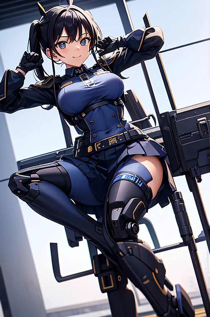 Mecha Wings、黒いskirt、Accentuated thighs、chest、Beautiful black hair、1 girl、solo girl、IS、Frame Arms Girl、Alice Gere Aegis、armor、Pink Line、income、headphone、hand on own chest、smile、Miike Naeko,One girl,alone,police,police uniform,uniform,policewoman,skirt,tie,Twin tails,Black Hair