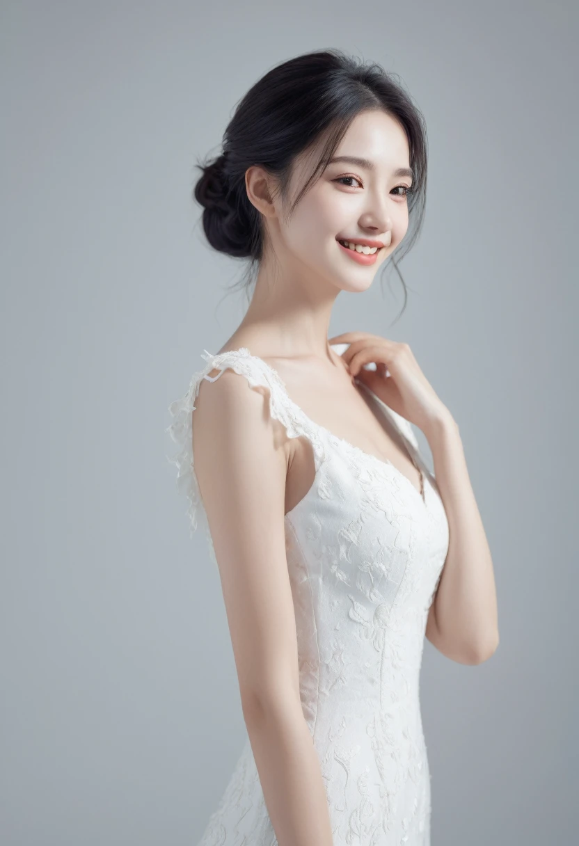 ((best quality, 8K )), A young and lovely woman, Reality, side view, portrait, Surreal, High Detail, High Detail skin, high quality, White Dress,High Detail skin, lifelike, high resolution, high resolution,raw picture,game design,filter,Hollow,,texture,wallpaper,Character details HD,Model Effect。Blank Background,Bright Light,Smile,one person,Grinning,happy,Gentle smile,Real,real,