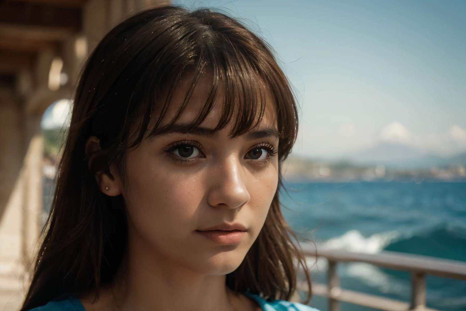 Best Quality, Masterpiece, Ultra High Resolution, (Film Grain: 1.4), Digital Photography, Bangs, Film Lighting, (Fuji Color: 1.2) Portrait,, 1 girl, spanish woman, solo, facing the audience, (upper body), clear pores, looking at the audience, ocean background (realistic: 1.2)