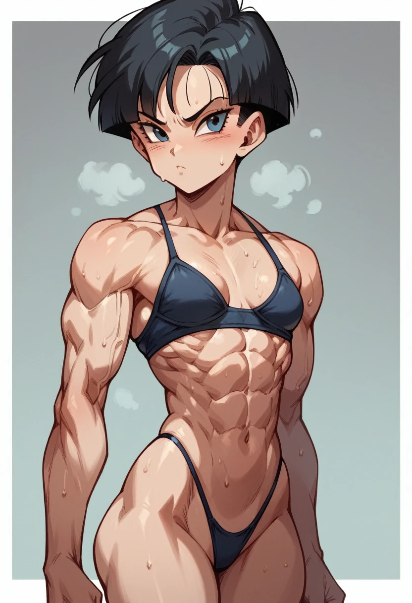 Videl , dragon ball, Short black hair, Medium height, small round breasts, only fitted bra, thin waist, medium rear, tight thong , sweating, little muscles,