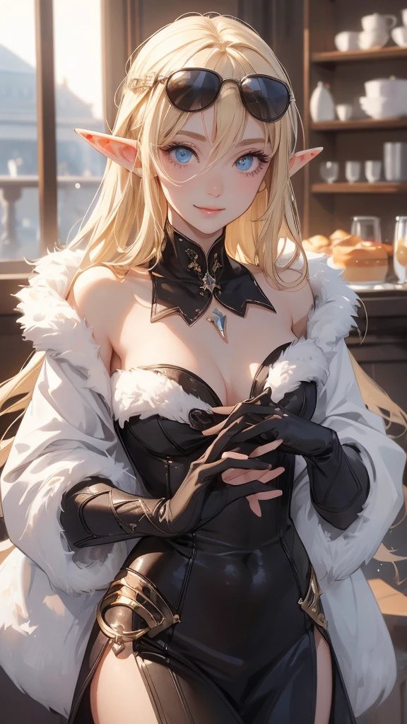 work of art, epic details, ultra detaild, best resolution, Woman, blonde, (BEAUTIFUL ELF), ((rosto angelical)), sculptural body, wearing a chunky brown fur coat, (wearing sunglasses), ((perfect hands))), ((expression of happiness)), (Grinning), great smile, Simple smile, Scenario: in a coffee shop, supper: having fun, no mistakes, (((epic details na face))), (((ultra perfect eyes)))