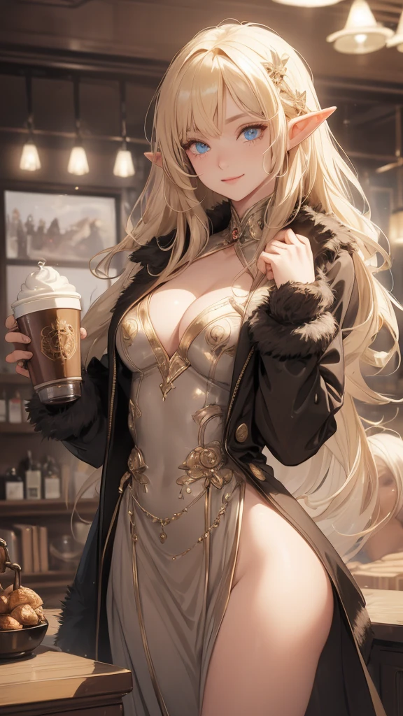 work of art, epic details, ultra detaild, best resolution, Woman, blonde, (BEAUTIFUL ELF), ((rosto angelical)), sculptural body, wearing a chunky brown fur coat, (wearing sunglasses), ((perfect hands))), ((expression of happiness)), (Grinning), great smile, Simple smile, Scenario: in a coffee shop, supper: having fun, no mistakes, (((epic details na face))), (((ultra perfect eyes)))
