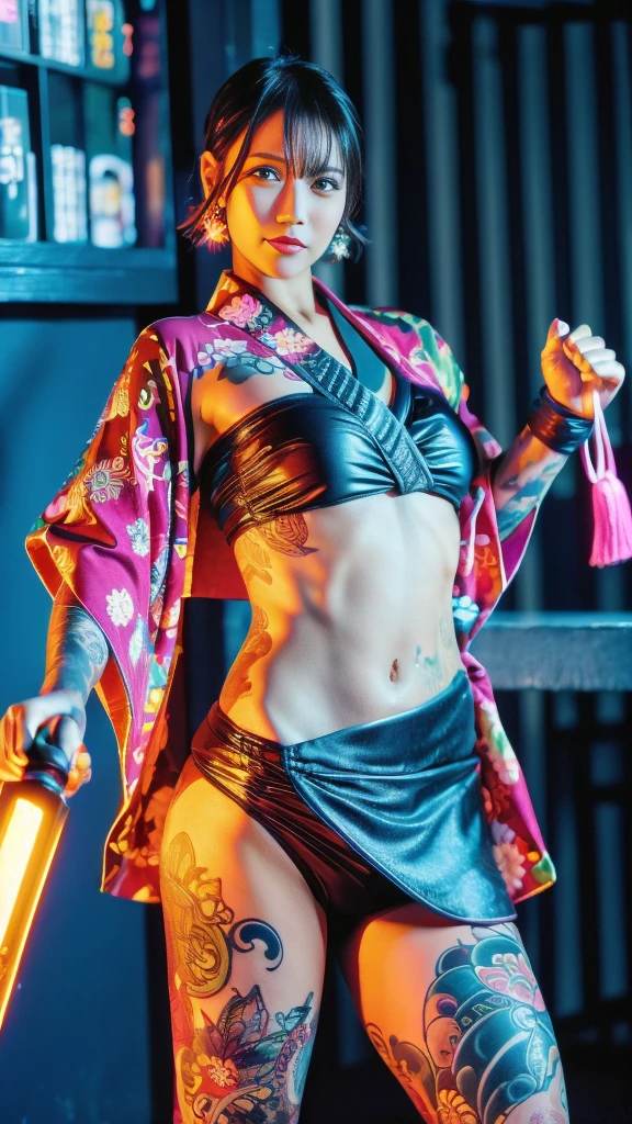 Beautiful Thai-Melanesian woman, (), Mixed Martial Arts, (navel baring, wearing cute kimono:1.3), (MMA gloves), Fit, (muscles:1.2), Athletic feminine body, Female fitness model body, Tokyo landmarks in the background, Masterpiece, Perfect lighting, Ultra high resolution, 8K, She is an exceptional MMA fighter, Hard toned feminine body, (Short hair, short bob, straight bangs:1.2), (Smiling sexy for the camera), (Very sexy pose), (Kung fu fighter in fighting stance, holding very large weapon, wearing very large weapon, standing with very large weapon, raising very large weapon:1.4), (Tattoos all over body, Japanese tattoos on 80% of body:1.4), Red lips, Red high heels, Necklace, Earrings, (Very detailed:1.4), Front view, Looking at camera, Pensive expression, (Tokyo city, many people in the background),