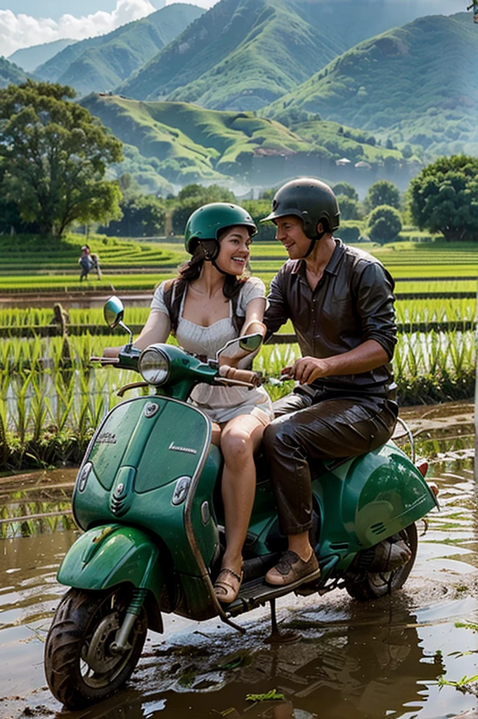 Photo 3FA couple dressed as farmers riding a Vespa on a muddy rice field with a green mountain background