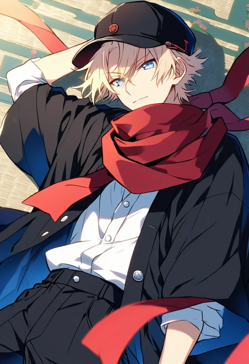 Solo, 1 male, light blonde hair, light blue eyes, white botton shirt, black cap, black pant, black haori, red scarf, taisho roman, Japanese