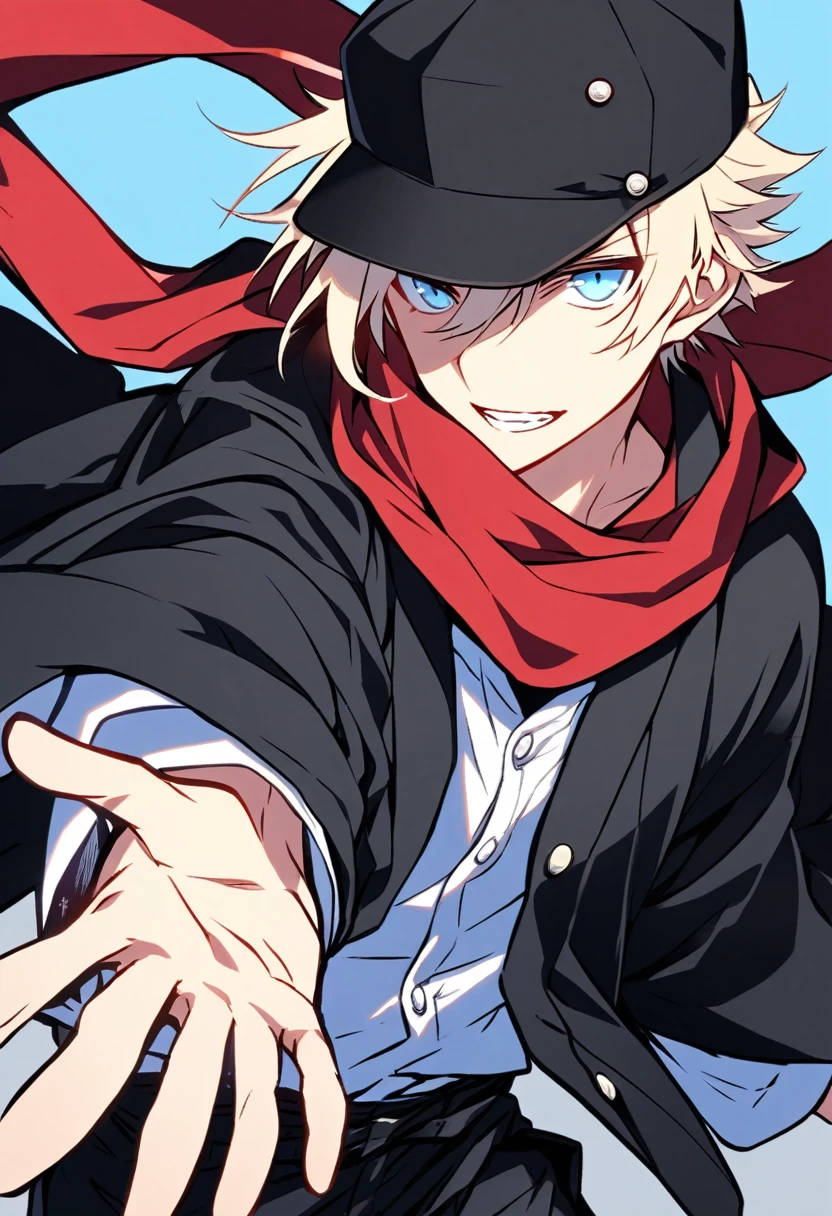 Solo, 1 male, light blonde hair, light blue eyes, white botton shirt, black cap, black pant, black haori, red scarf, taisho roman, Japanese
