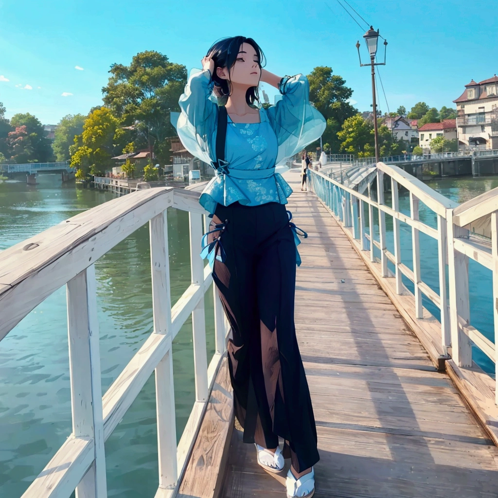 woman standing on a bridge with her hand on her head, standing on a bridge, on a bridge, blue outfit, connected with hanging bridge!!, at the waterside, dressed with long fluent clothes, with a cool pose, near a jetty, with lovely look, an aesthetic!, full body photogenic shot, pale blue outfit, outfit photo, wearing a designer top