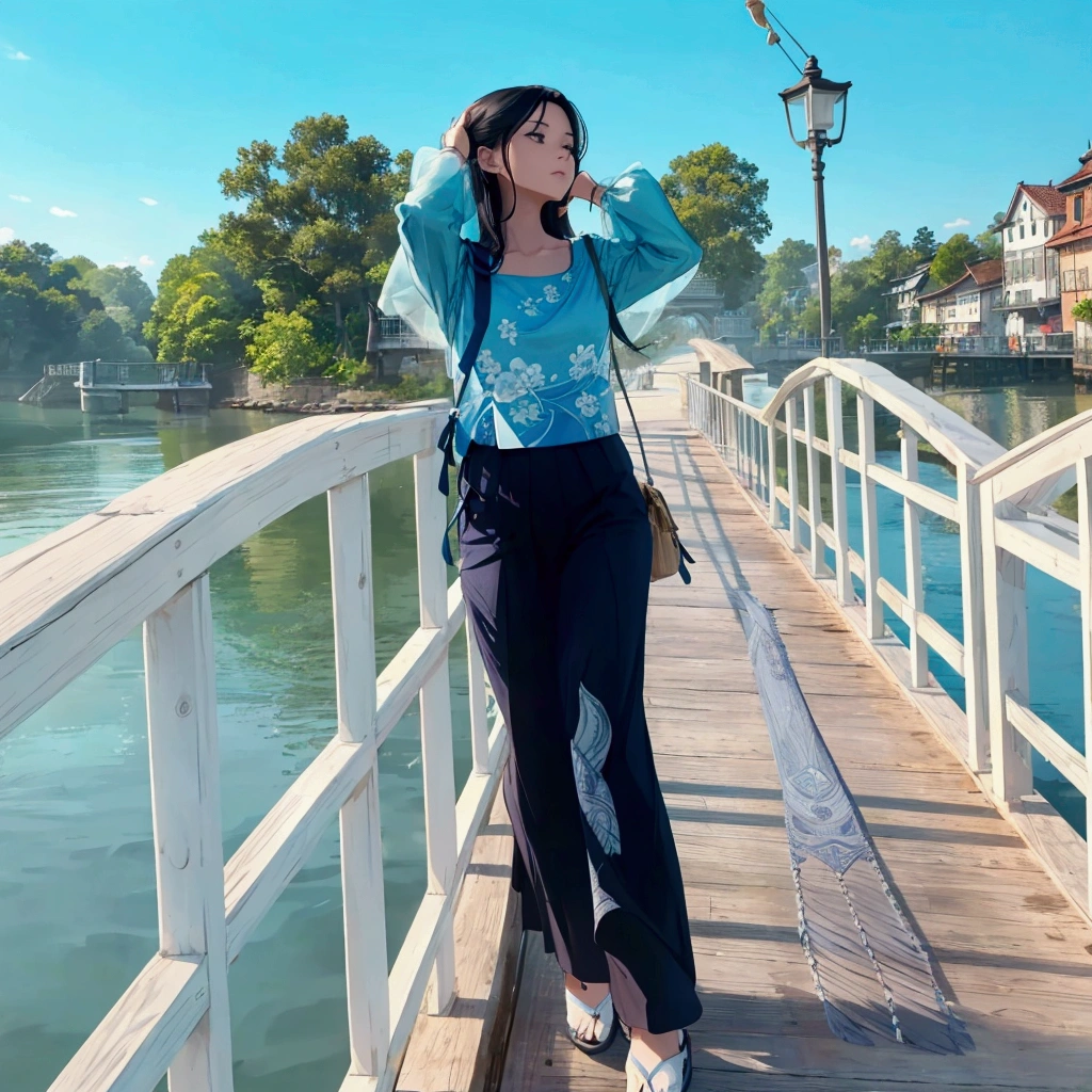 woman standing on a bridge with her hand on her head, standing on a bridge, on a bridge, blue outfit, connected with hanging bridge!!, at the waterside, dressed with long fluent clothes, with a cool pose, near a jetty, with lovely look, an aesthetic!, full body photogenic shot, pale blue outfit, outfit photo, wearing a designer top