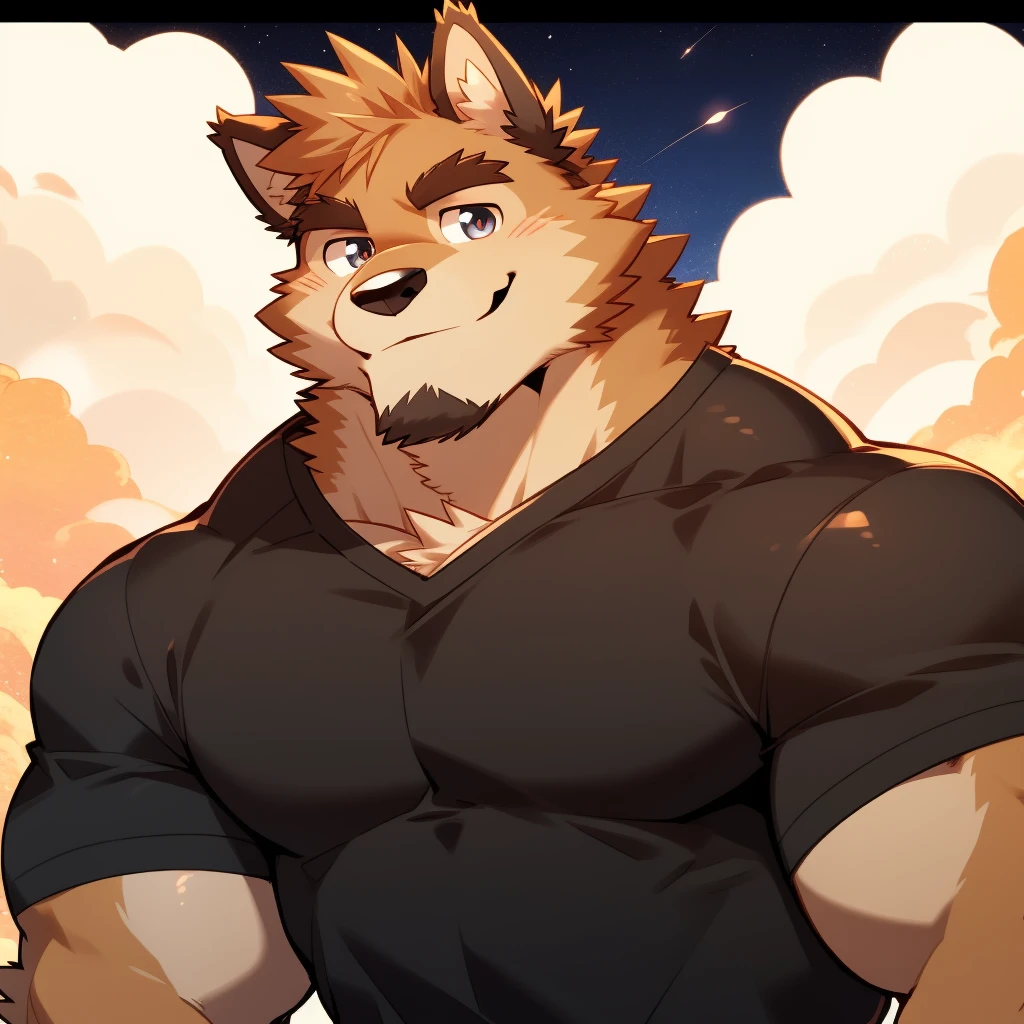 Scribble 柴dog face,Humanity(dog),(Black short sleeve:1.3),Muscular,(Brown eyebrows:1.1),(Perfect eyes:1.2),Starry Sky,of fur,Smile,(artist:Takemoto Arashi)