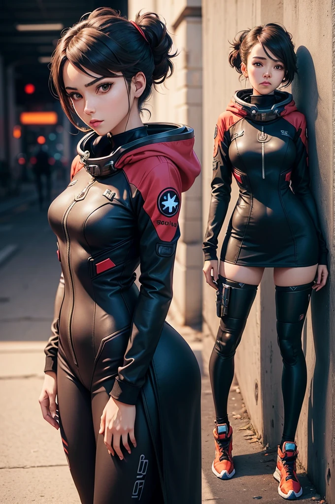 Create a female support for the game Overwatch in which she is a space traveler with clothes inspired by the EVA pilots from the anime Neon Genesis Evangelion, in a more sombre black and red tight costume with an overcoat and hood, in which she lives in the shadows hiding her identity, living just for under your beliefs. Make her in a pose leaning against a wall. Make the image in a full-body, hand-drawn style