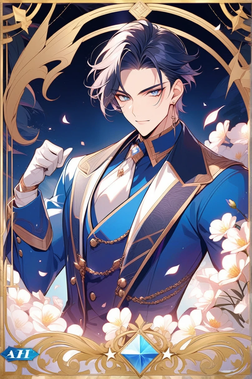 An anime boy wearing a blue shirt and tie standing in a flower field, official fanart, Works inspired by Bian Chomin, !!full body portrait!!, Sakimi-chan, with flower, Work inspired by Tomioka Tessai, tall anime man with blue eyes, Created by Animation Painter Studio, handsome saitama, sakimichan, handsome anime pose, anime handsome man
