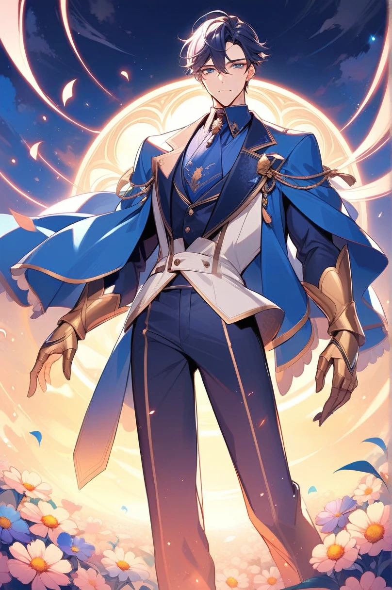 An anime boy wearing a blue shirt and tie standing in a flower field, official fanart, Works inspired by Bian Chomin, !!full body portrait!!, Sakimi-chan, with flower, Work inspired by Tomioka Tessai, tall anime man with blue eyes, Created by Animation Painter Studio, handsome saitama, sakimichan, handsome anime pose, anime handsome man