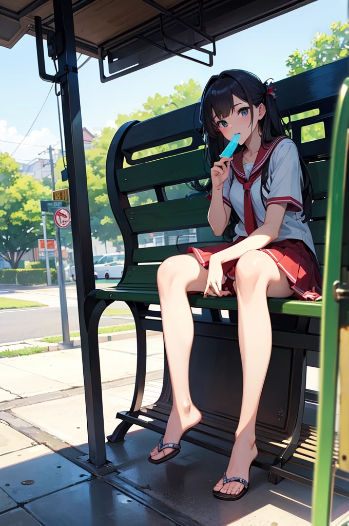 masterpiece, best quality, ultra detailed, 4K, no bad anatomy and fingers, beautiful young girl waiting at a bus stop while eating a popsicle, 18-year-old beautiful girl licking a popsicle while waiting for a bus, resembling Prinz Adalbert or Anchorage from Azur Lane, bus stop in Okinawa, summer, anime style, layered watercolor painting, rustic, triangular composition, cinematic, shiny appearance 