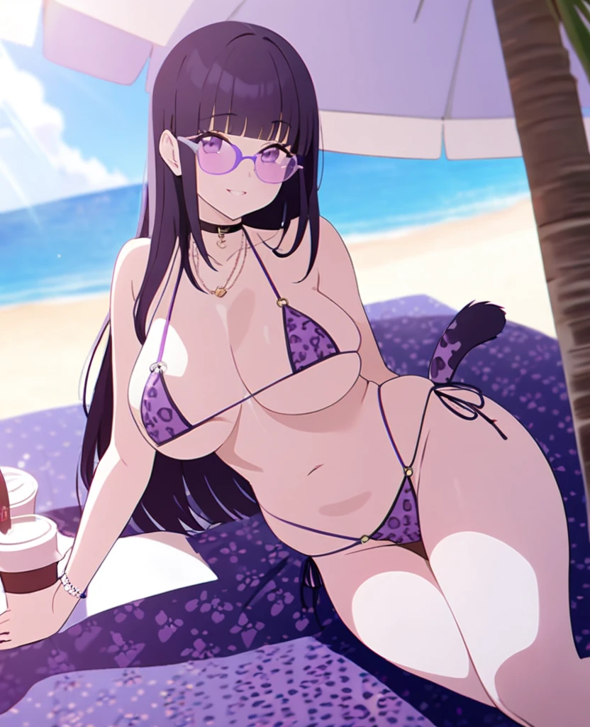 16 yo girl, hime cut, long hair, light purple, K cup breast, thicc thigh, perfect hourglass body, micro bikini, purple leopard pattern, purple love glasses, charming smile, beach scene, clear view.