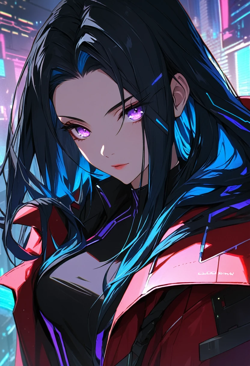 Handsome, solo, 1 female, long hair, black hair, blue highlights on hair tips, purple eyes, black shirt, red robe, futuristic, cyberpunk