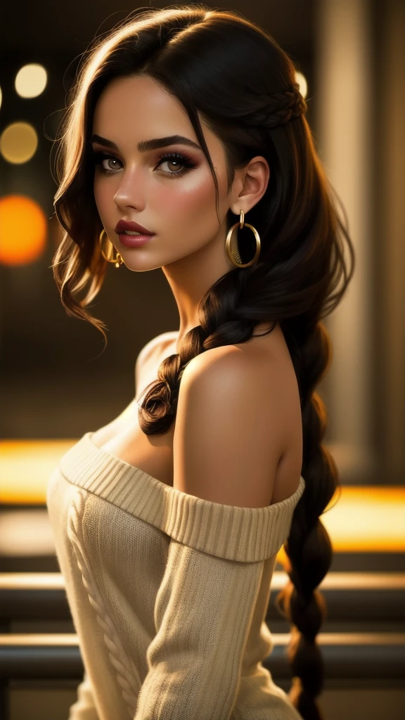 masterpiece,best quality, realistic illustration, style of Philip Lorca diCorcia,
cinematic film still portrait of a girl aged 18yo, 1girl, solo, black long hair, large braid, olive eyes, toned body, large bust size, olive skin, dark makeup, wearing an off the shoulder sweater, hoop earrings, perfect lips, posing for the camera, pretty face, vignette, highly detailed features, highly detailed body, high budget, bokeh, cinemascope, moody, epic, gorgeous, whole body photo, film grain, grainy