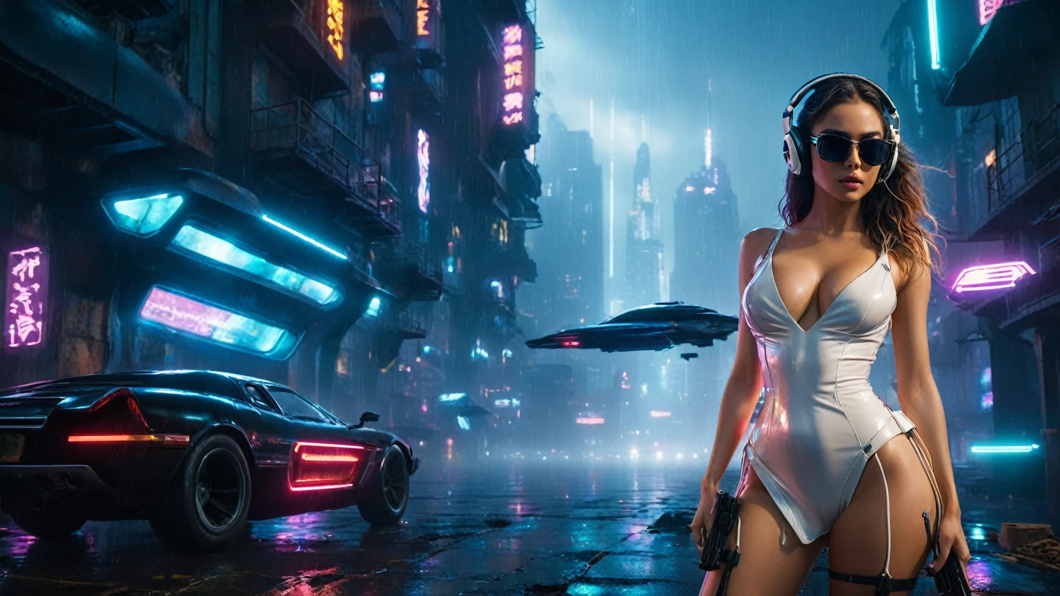 (aerial view, a flying cars docking platform, a very dark abandoned futuristic city, neon lights), rainy night. (((1girl, solo, alone))), large-breast:1.2 slim body, cleavage:1.1, sexy wind blowing wet dress:1.4, (((headphone, black sunglasses, standing and holding pistol:1.8, dynamic rushing pose))), (((((half-body thigh level medium shot))))), cinematic lighting, lens flare, ray tracing.