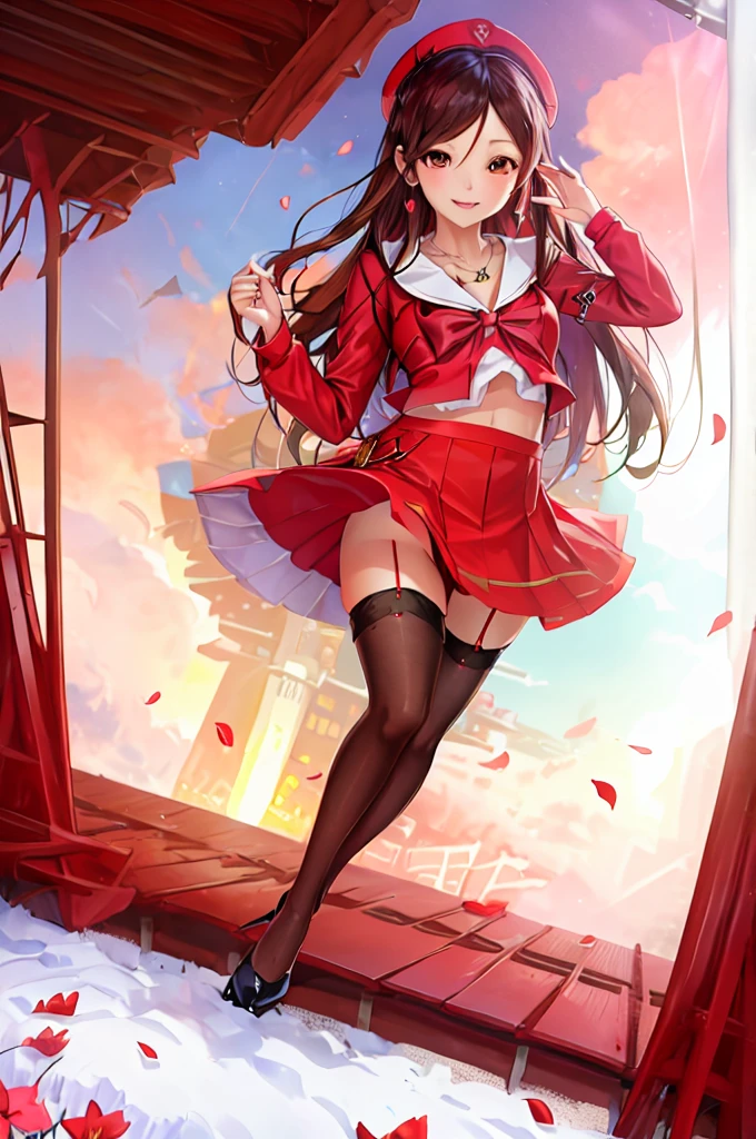 One girl, (Erica) Pose in front of the camera, (View your viewers:1.2),Cute Smile, rooftop, urban landscape background、Small earrings,necklace,(Red and black enamel sailor suit、mini skirt((Black high heels and stockings)),Low angle photo,Panty shot,Petals are scattered all around、