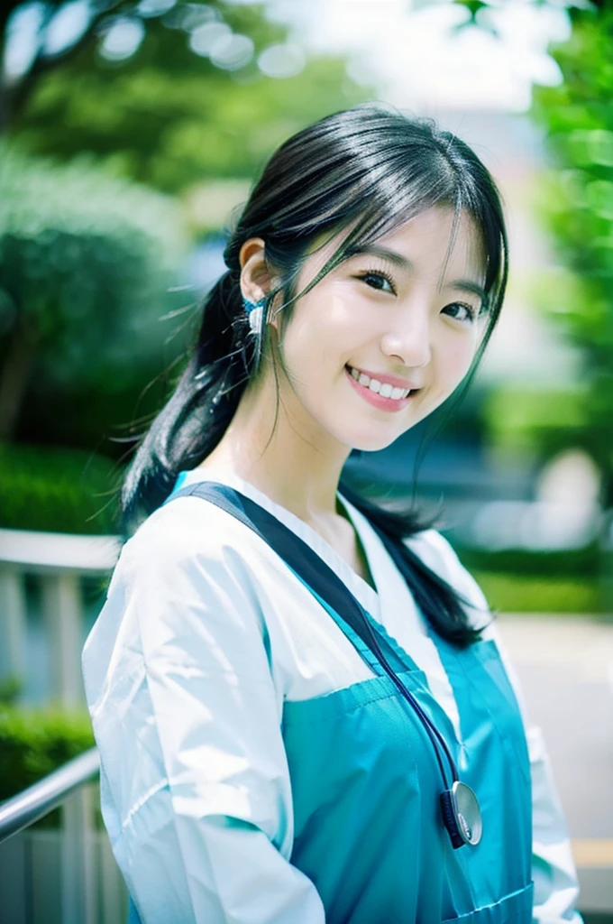Dental hygienist wearing blue-green medical scrubs Japanese woman in her early 20s with black hair Upper body close-up smile Shooting outside Harmony々 No accessories included 2 people