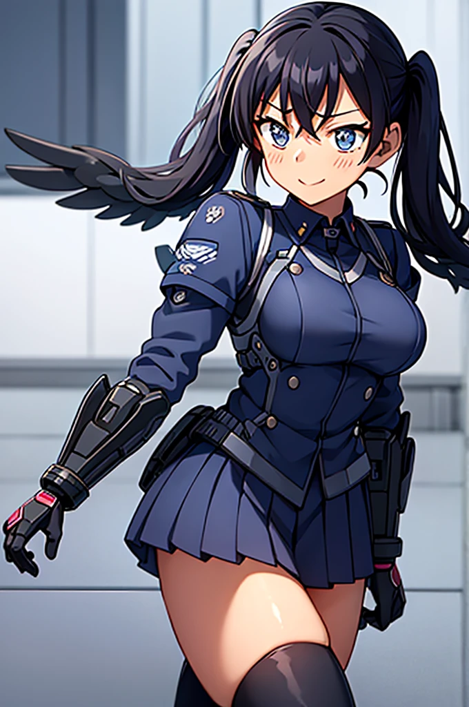 Mecha Wings、黒いskirt、Accentuated thighs、chest、Beautiful black hair、1 girl、solo girl、IS、Frame Arms Girl、Alice Gere Aegis、armor、Pink Line、income、headphone、hand on own chest、smile、Miike Naeko,One girl,alone,police,police uniform,uniform,policewoman,skirt,tie,Twin tails,Black Hair