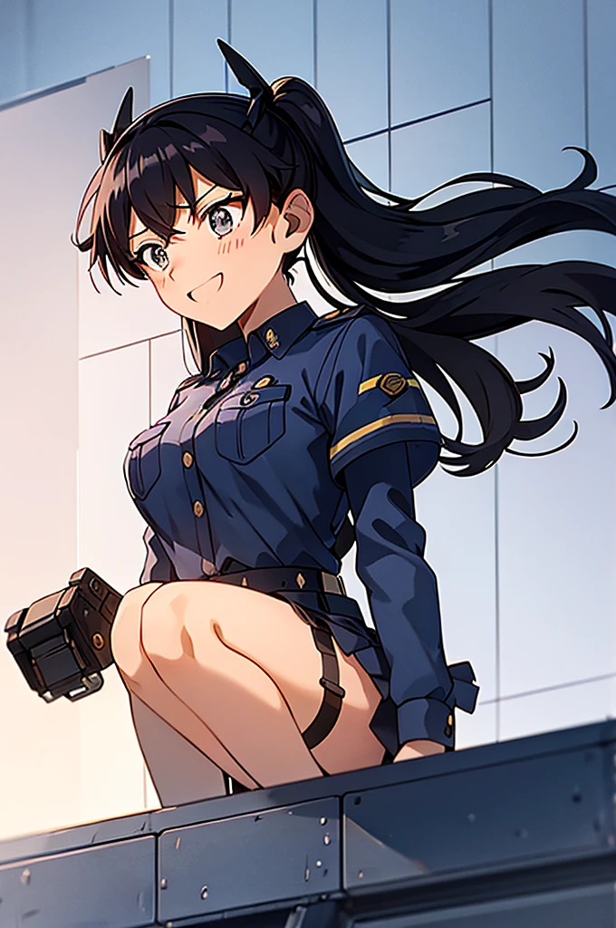 Mecha Wings、黒いskirt、Accentuated thighs、chest、Beautiful black hair、1 girl、solo girl、IS、Frame Arms Girl、Alice Gere Aegis、armor、Pink Line、income、headphone、hand on own chest、smile、Miike Naeko,One girl,alone,police,police uniform,uniform,policewoman,skirt,tie,Twin tails,Black Hair