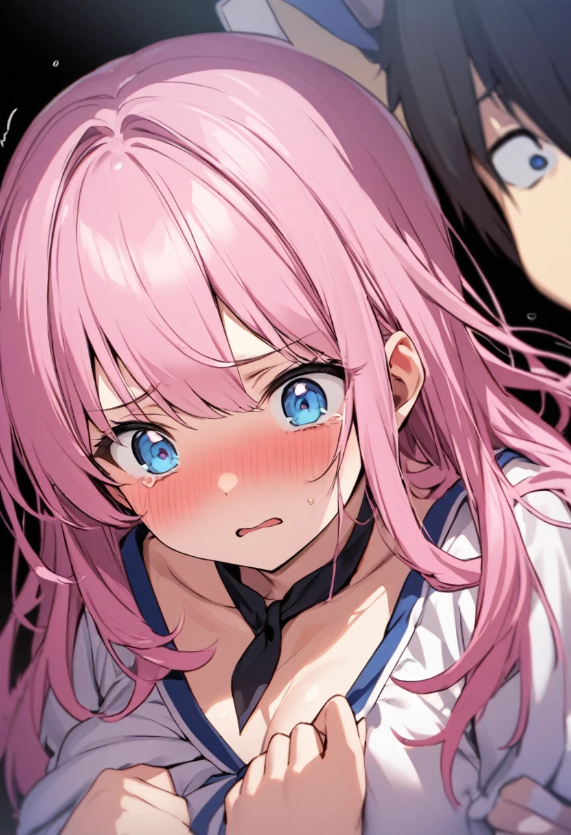 Knife at the throat、Being threatened、Teary-eyed pink-haired girl、blue eyes、The perpetrator touched her body
