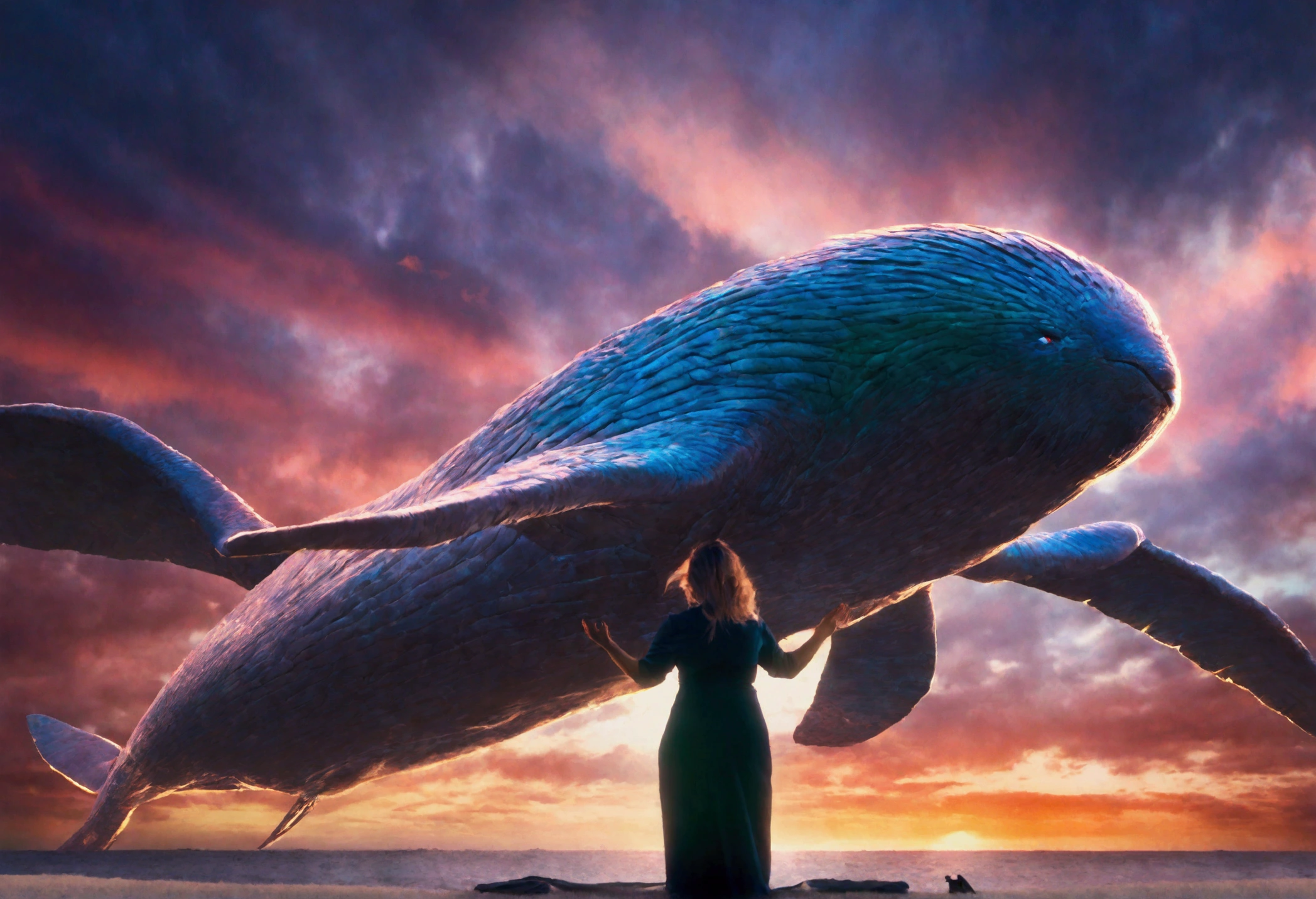 A sky whale, enormous wings, a woman lying on the beach watching its majestic flight, dreamy skies, (best quality,8k,highres,masterpiece:1.2),ultra-detailed,(realistic,photorealistic,photo-realistic:1.37),HDR,UHD,studio lighting,ultra-fine painting,sharp focus,physically-based rendering,extreme detail description,professional,vivid colors,bokeh,fantasy,surreal,cinematic,dramatic lighting,glowing,volumetric lighting,atmospheric,moody,cinematic composition,dramatic perspective