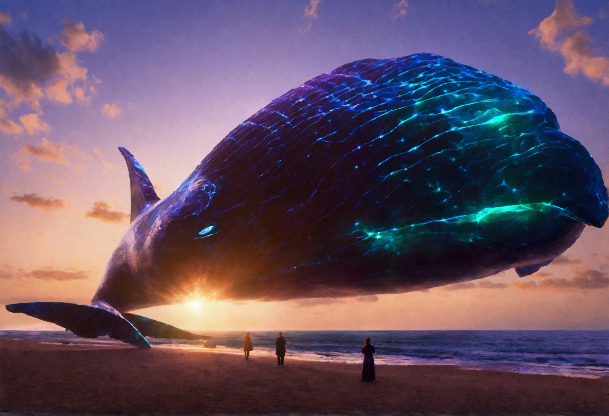 A sky whale, enormous wings, a woman lying on the beach watching its majestic flight, dreamy skies, (best quality,8k,highres,masterpiece:1.2),ultra-detailed,(realistic,photorealistic,photo-realistic:1.37),HDR,UHD,studio lighting,ultra-fine painting,sharp focus,physically-based rendering,extreme detail description,professional,vivid colors,bokeh,fantasy,surreal,cinematic,dramatic lighting,glowing,volumetric lighting,atmospheric,moody,cinematic composition,dramatic perspective