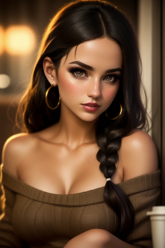 masterpiece,best quality, realistic illustration, style of Philip Lorca diCorcia,
cinematic film still portrait of a girl aged 18yo, 1girl, solo, black long hair, large braid, olive eyes, toned body, large bust size, olive skin, dark makeup, wearing an off the shoulder sweater, hoop earrings, perfect lips, posing for the camera, pretty face, vignette, highly detailed features, highly detailed body, high budget, bokeh, cinemascope, moody, epic, gorgeous, whole body photo, film grain, grainy